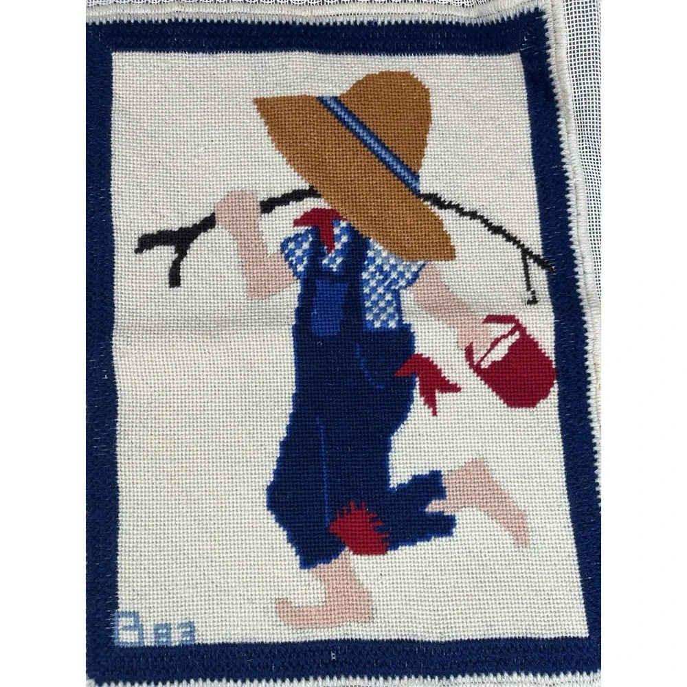 Vintage Completed Needlepoint Canvas Boy With Hat Gone Fishing 11.5